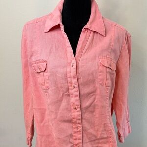 100% Linen Top Peachy Pink Button Up Shirt V Neck 3/4 Sleeve Summer Preppy Boho‌